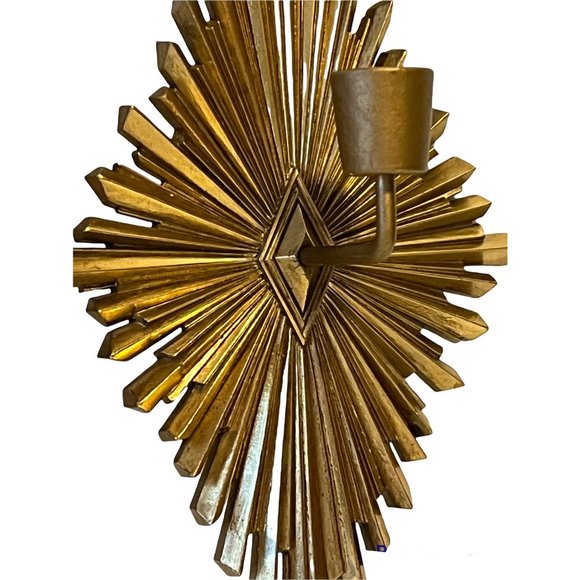RARE MCM Hollywood Syroco Wood Gold Starburst Wall Sconces with Wood Candles - Picture 4 of 9